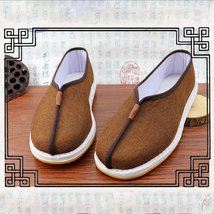Coffee Shaolin Monk Shoes with Cotton&Linen Vamp and Rubber Sole