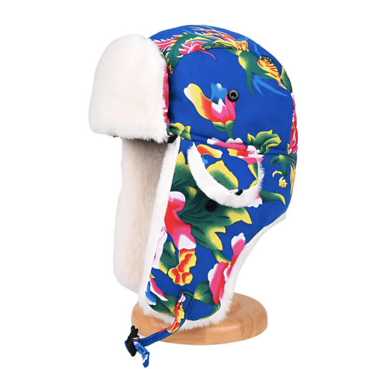 Blue Dongbei Flower Lei Feng Hat with Short Fur