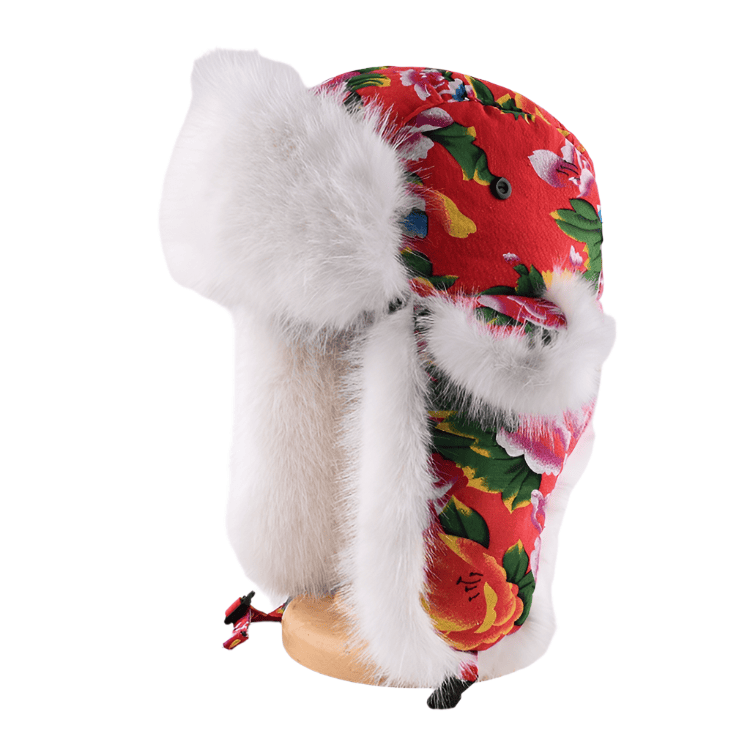 Red Dongbei Flower Lei Feng Hat with Long Fur