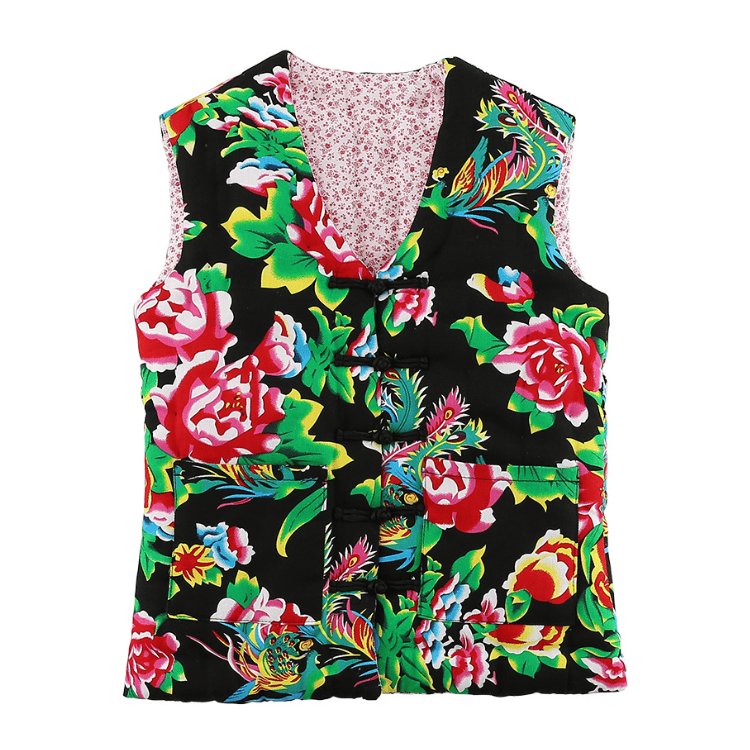 Black Padded Dongbei Flower Tang Vest