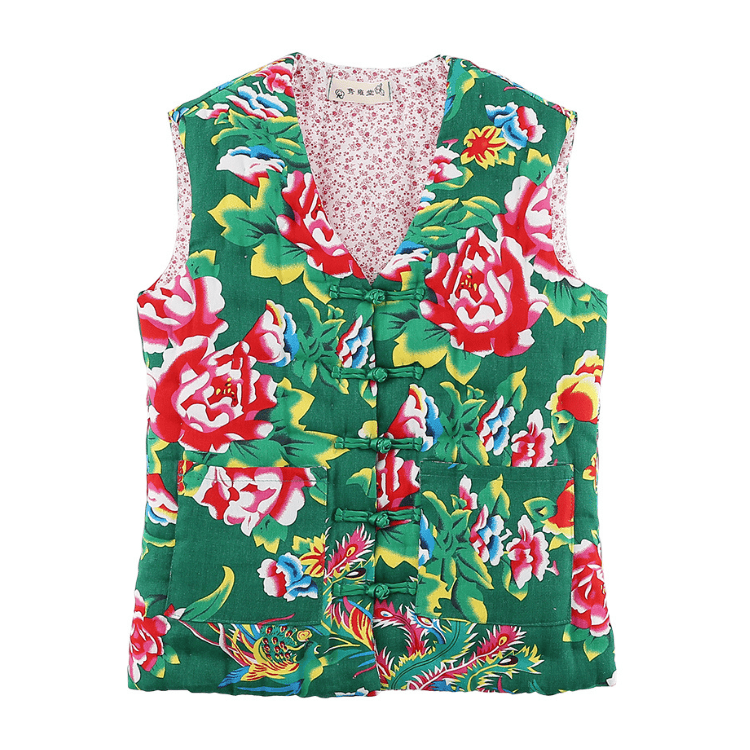 Green Padded Dongbei Flower Tang Vest