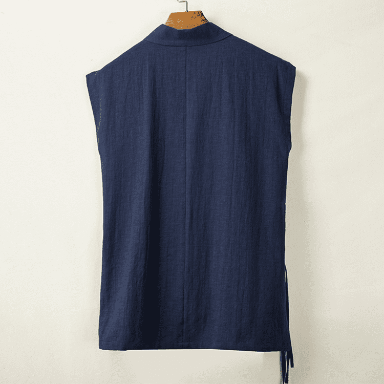 Back of Navy Blue Solid Hanfu Vest