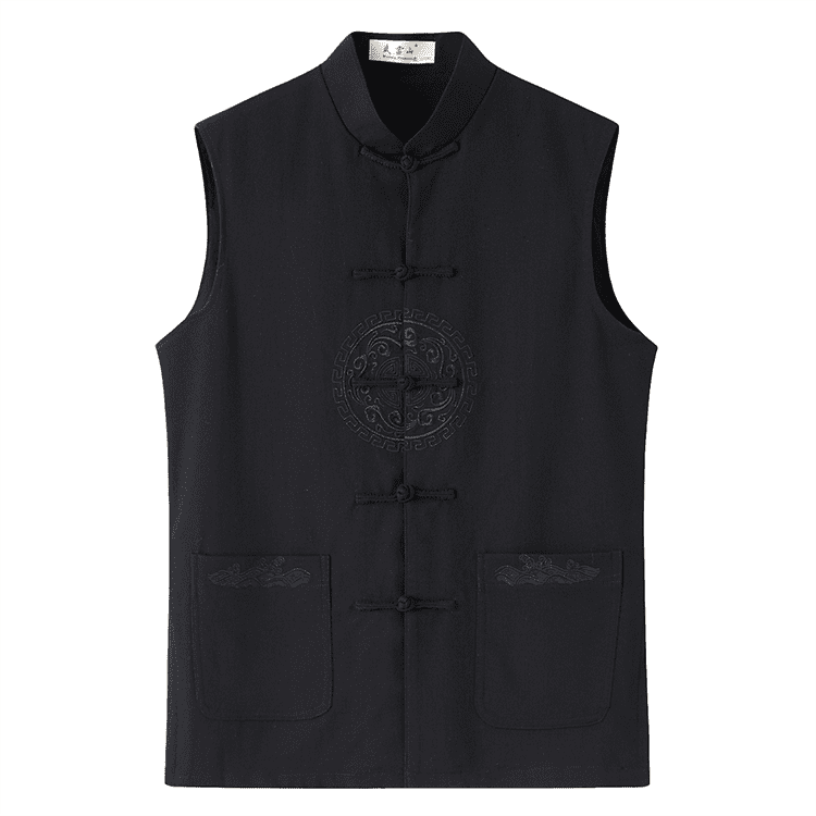 Front of Black Lined Tang Waistcoat with Embroidery