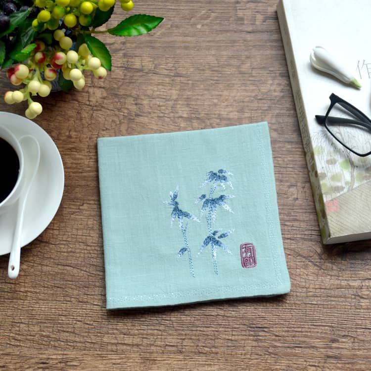 Green Chinese Handkerchief with the Embroidered Pattern of Bamboo