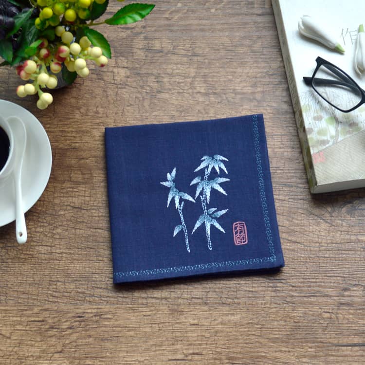 Navy blue Chinese Handkerchief with the Embroidered Pattern of Bamboo