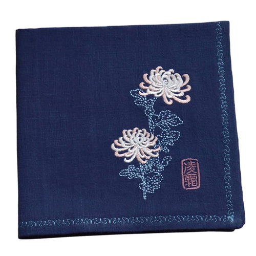 Navy blue Chinese Handkerchief with the Embroidered Pattern of Chrysanthemum