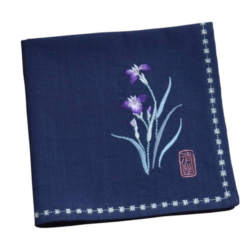 Navy blue Chinese Handkerchief with the Embroidered Pattern of Orchid