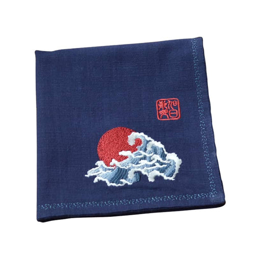 Navy blue Chinese Handkerchief with the Embroidered Pattern of Sun and Wave