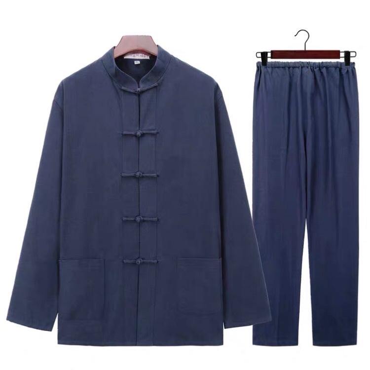 front pure cotton two-piece Tang suit with navy blue jacket and navy blue pants