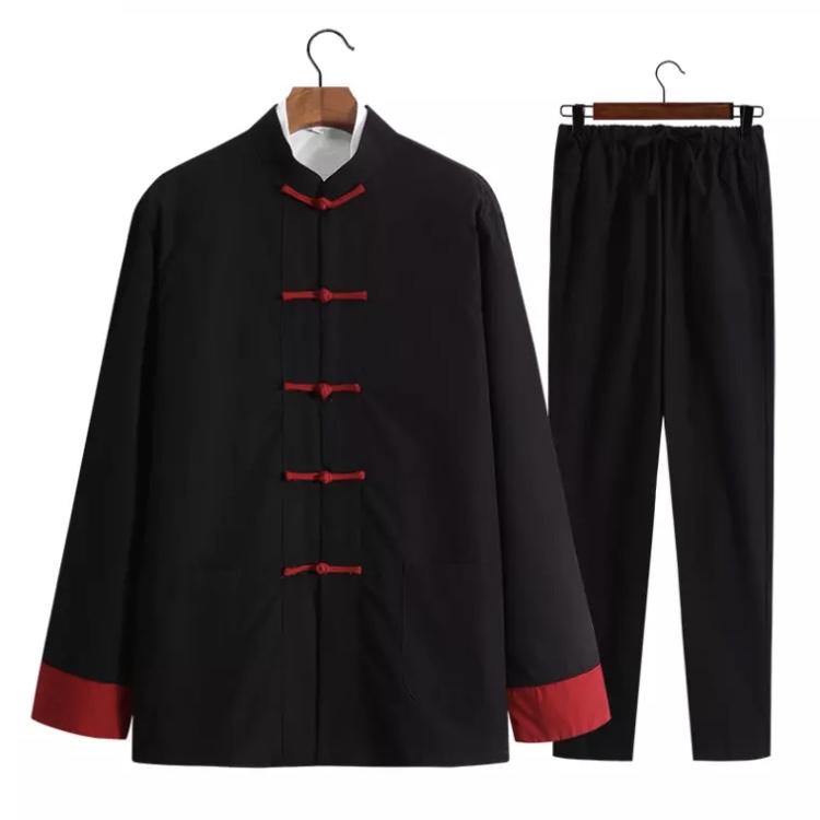 Black with Red Button Chinese Traditional Basic Three-Piece Tang Suits Thin Roll-Sleeved Contrast Color Cotton and Linen Jackets&Shirts&Pants