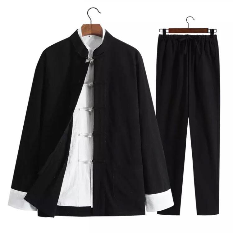 Black Chinese Traditional Basic Three-Piece Tang Suits Thin Roll-Sleeved Contrast Color Cotton and Linen Jackets&Shirts&Pants