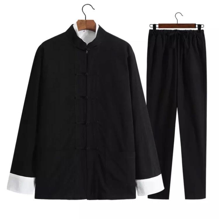 Black Chinese Traditional Basic Three-Piece Tang Suits Thin Roll-Sleeved Contrast Color Cotton and Linen Jackets&Shirts&Pants