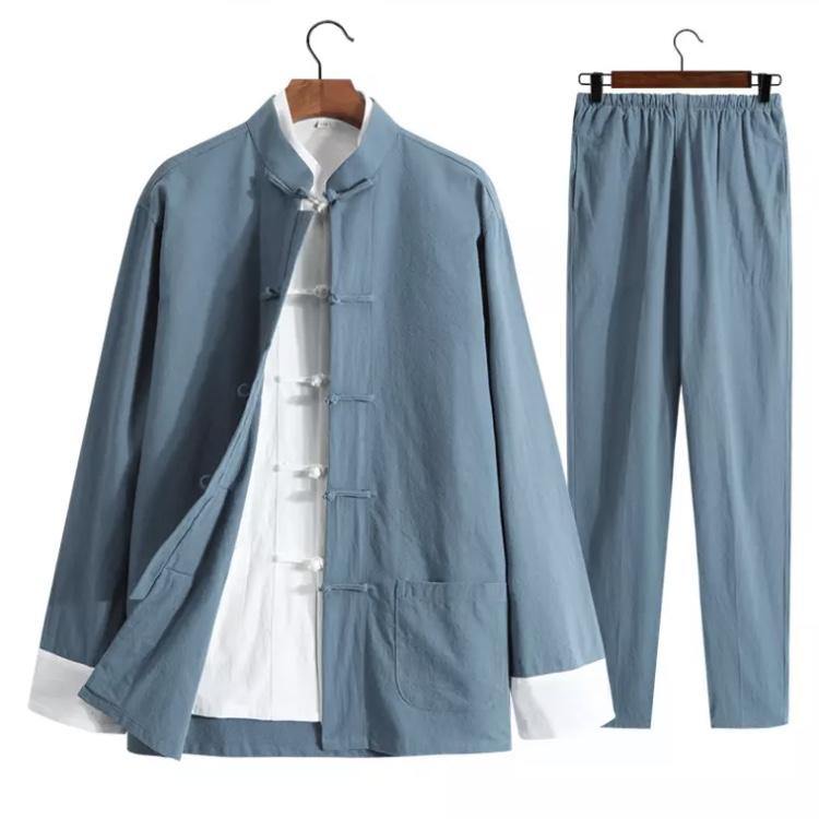 Blue Chinese Traditional Basic Three-Piece Tang Suits Thin Roll-Sleeved Contrast Color Cotton and Linen Jackets&Shirts&Pants
