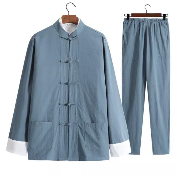 Blue Chinese Traditional Basic Three-Piece Tang Suits Thin Roll-Sleeved Contrast Color Cotton and Linen Jackets&Shirts&Pants