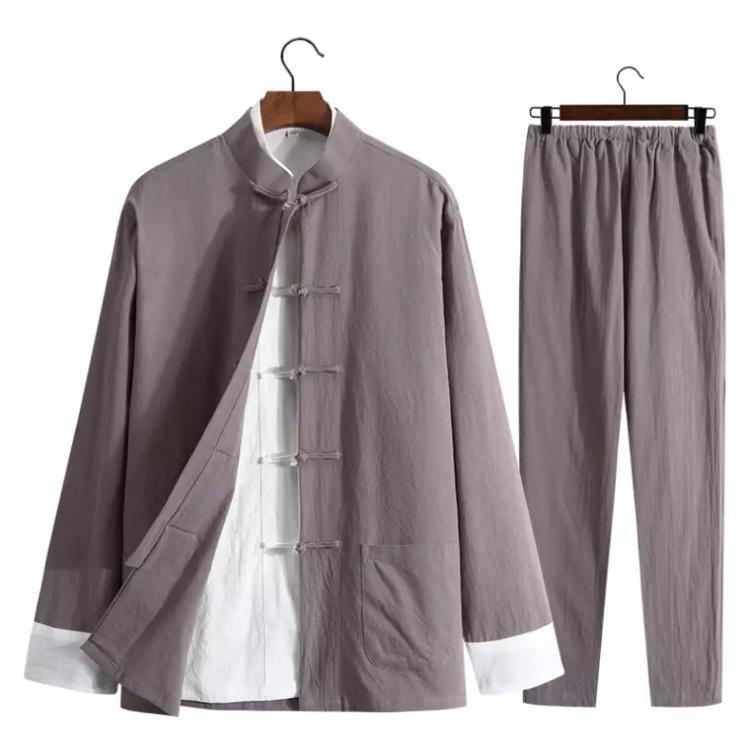 Grey Chinese Traditional Basic Three-Piece Tang Suits Thin Roll-Sleeved Contrast Color Cotton and Linen Jackets&Shirts&Pants