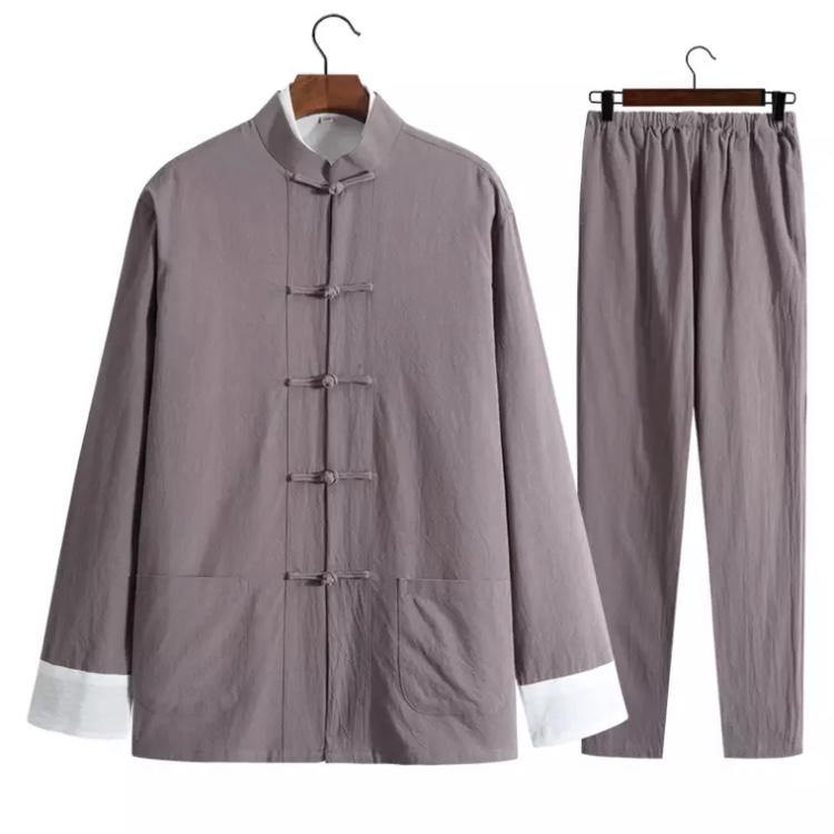 Grey Chinese Traditional Basic Three-Piece Tang Suits Thin Roll-Sleeved Contrast Color Cotton and Linen Jackets&Shirts&Pants