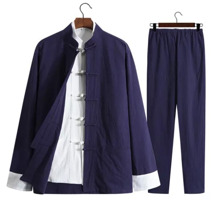 Navy Blue Chinese Traditional Basic Three-Piece Tang Suits Thin Roll-Sleeved Contrast Color Cotton and Linen Jackets&Shirts&Pants