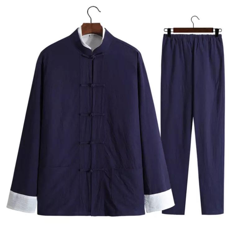 Navy Blue Chinese Traditional Basic Three-Piece Tang Suits Thin Roll-Sleeved Contrast Color Cotton and Linen Jackets&Shirts&Pants
