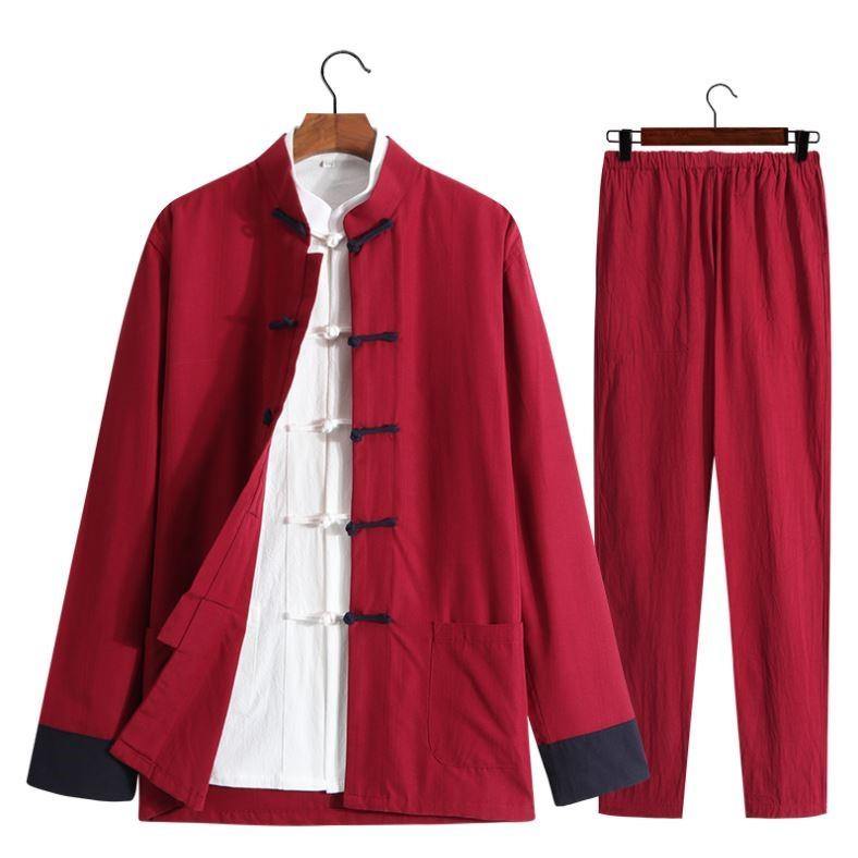Red with Navy Blue Button Chinese Traditional Basic Three-Piece Tang Suits Thin Roll-Sleeved Contrast Color Cotton and Linen Jackets&Shirts&Pants