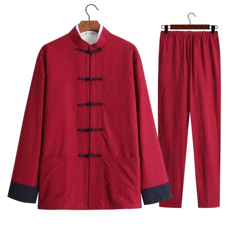 Red with Navy Blue Button Chinese Traditional Basic Three-Piece Tang Suits Thin Roll-Sleeved Contrast Color Cotton and Linen Jackets&Shirts&Pants