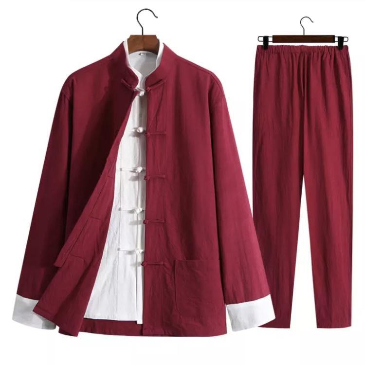 Red Chinese Traditional Basic Three-Piece Tang Suits Thin Roll-Sleeved Contrast Color Cotton and Linen Jackets&Shirts&Pants