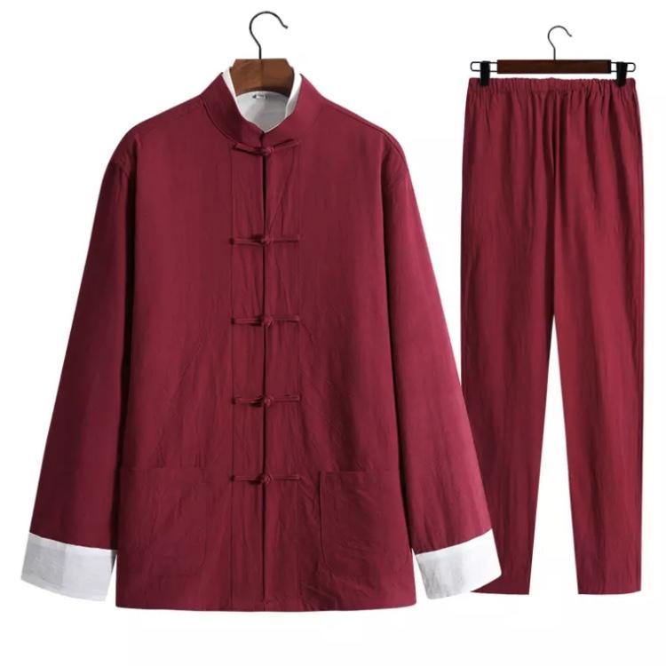 Red Chinese Traditional Basic Three-Piece Tang Suits Thin Roll-Sleeved Contrast Color Cotton and Linen Jackets&Shirts&Pants