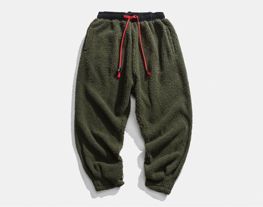 Front Army Green Lambswool Warm Thick Pants in Winter for both Men and Women