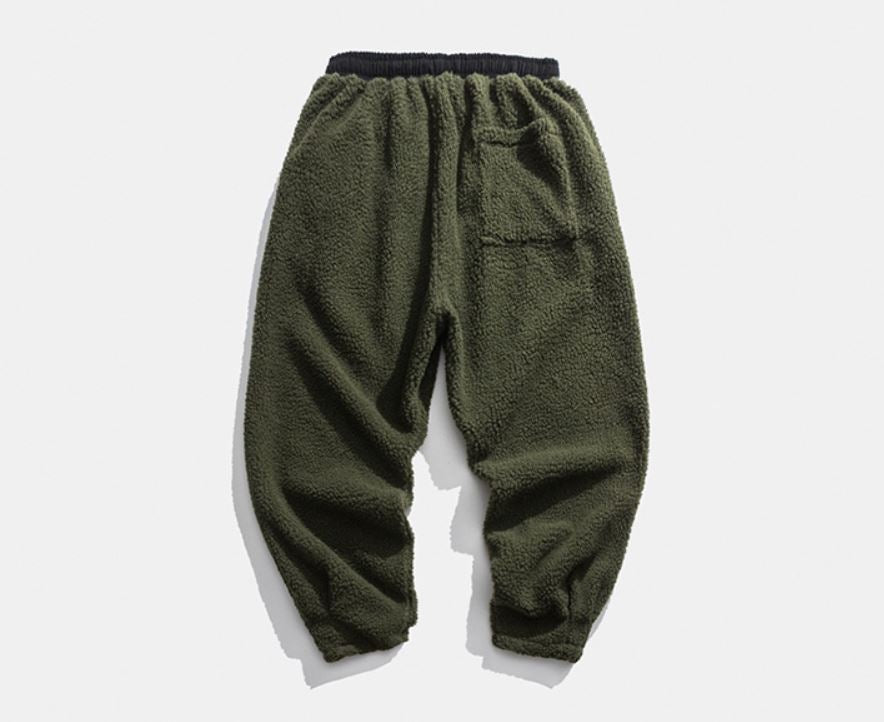 Back Army Green Lambswool Warm Thick Pants in Winter for both Men and Women