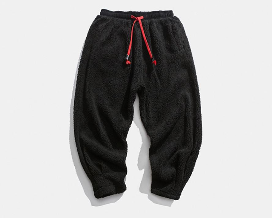 Front Black Lambswool Warm Thick Pants in Winter for both Men and Women