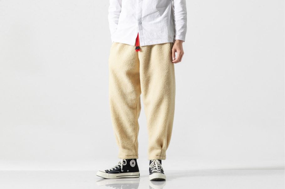 Man Wearing White Lambswool Warm Thick Pants in Winter for both Men and Women