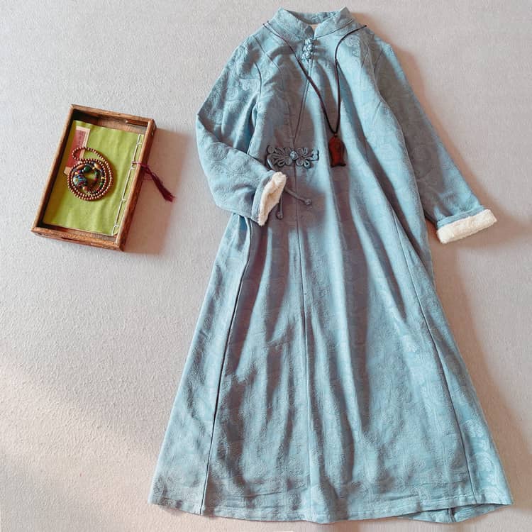 Blue velvet padded qipao/cheongsam dress