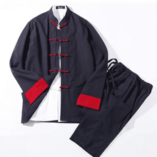 Load image into Gallery viewer, Navy Blue with Red Buttons Chinese Traditional Basic Three-Piece Tang Suits Thin Roll-Sleeved Contrast Color Cotton and Linen Jackets&amp;Shirts&amp;Pants
