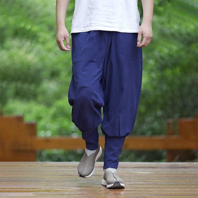Blue Casual Cotton Shaolin Monk Pants