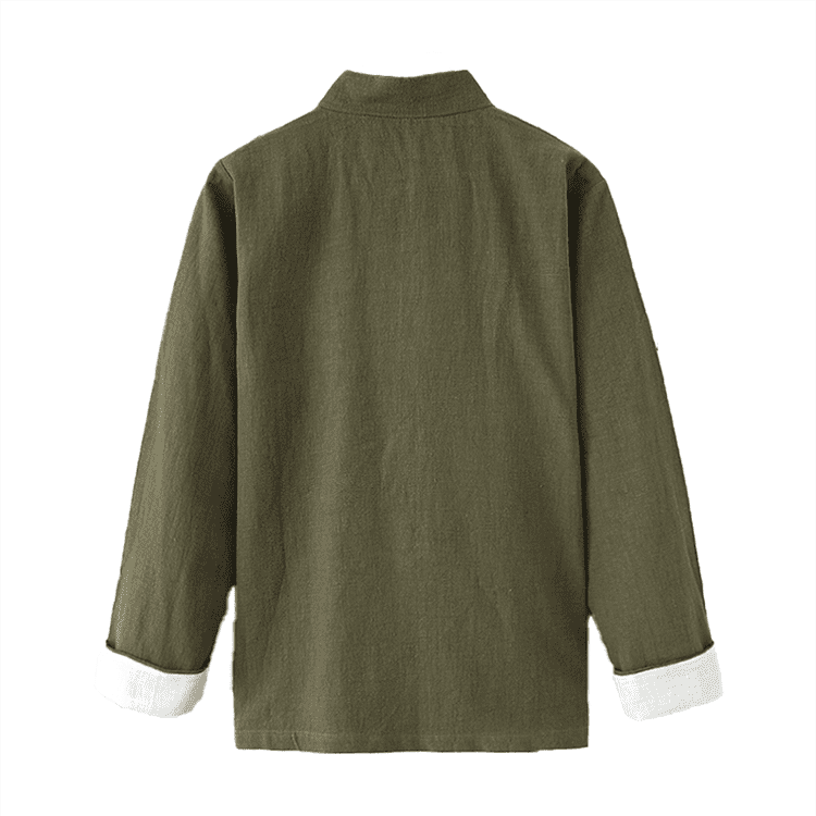 Back of Army Green Changshan Jacket with Vertical Buttons