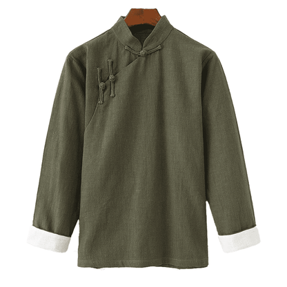 Army Green Changshan Jacket with Vertical Buttons