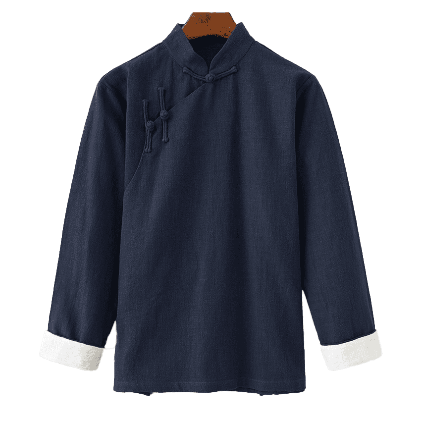 Navy Blue Changshan Jacket with Vertical Buttons