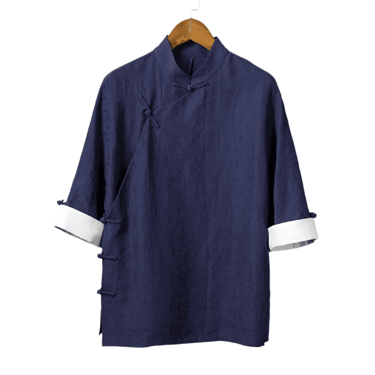 Navy Blue Short Sleeve Changshan Shirt