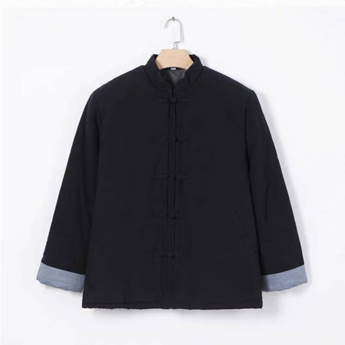 Black Padded Chinese Jacket with Zipper for Winter