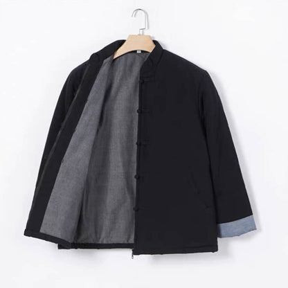 Black Padded Chinese Jacket with Zipper for Winter