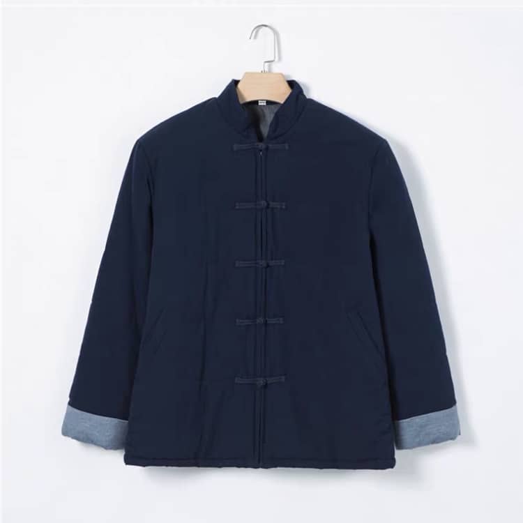 Navy Blue Padded Chinese Jacket with Zipper for Winter