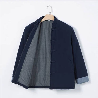 Navy Blue Padded Chinese Jacket with Zipper for Winter