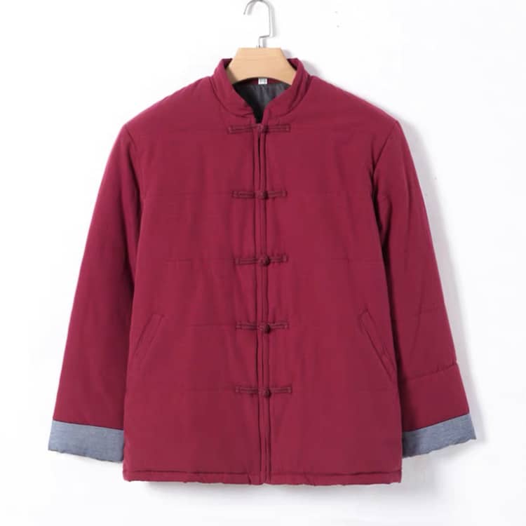 Wine Red Padded Chinese Jacket with Zipper for Winter