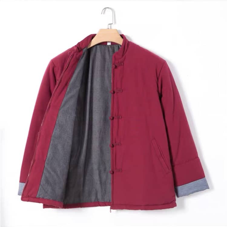 Wine Red Padded Chinese Jacket with Zipper for Winter