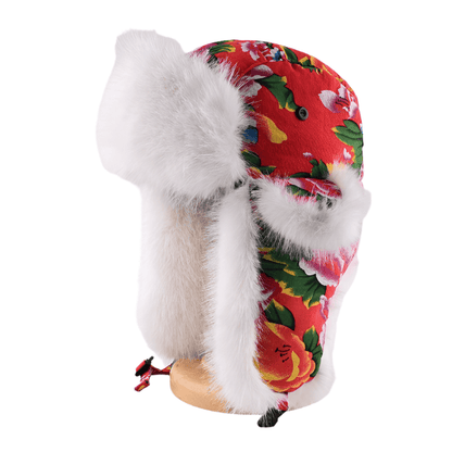 Red Dongbei Flower Lei Feng Hat with Long Fur