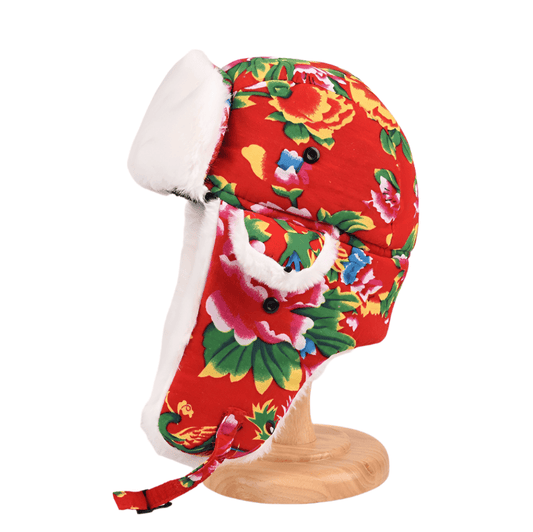 Red Dongbei Flower Lei Feng Hat with Short Fur