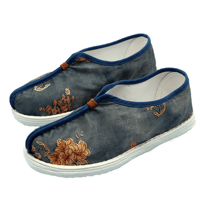 Navy Blue Hanfu Cloth Shoes with Flower Patterns