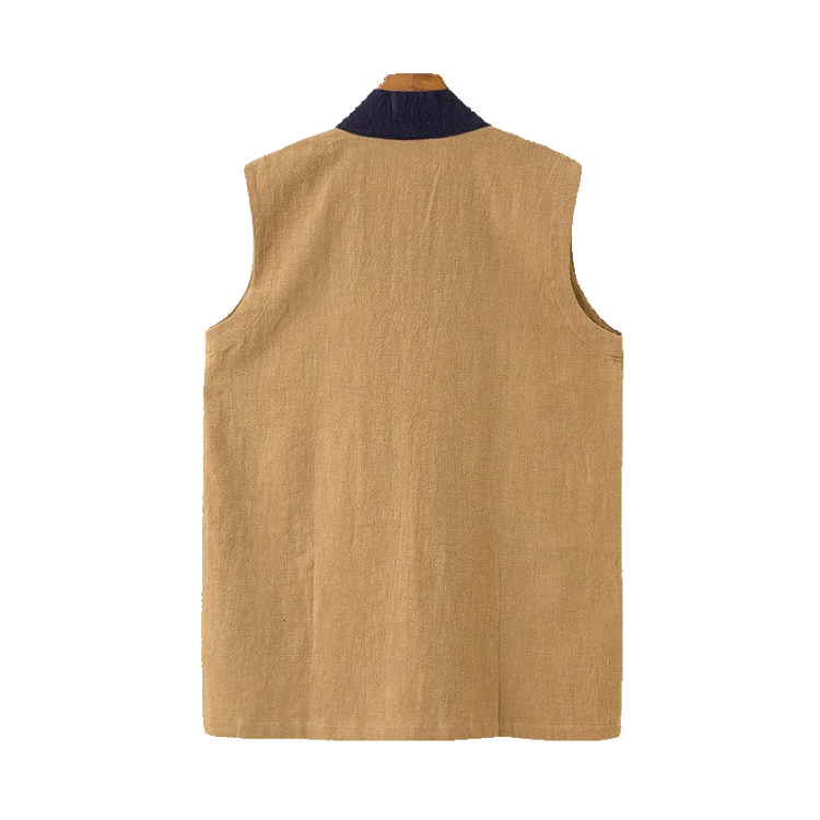 Back of Khaki Parallel Collar Hanfu Vest with Navy Collar