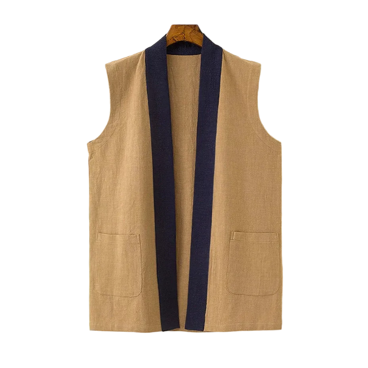 Khaki Parallel Collar Hanfu Vest with Navy Blue