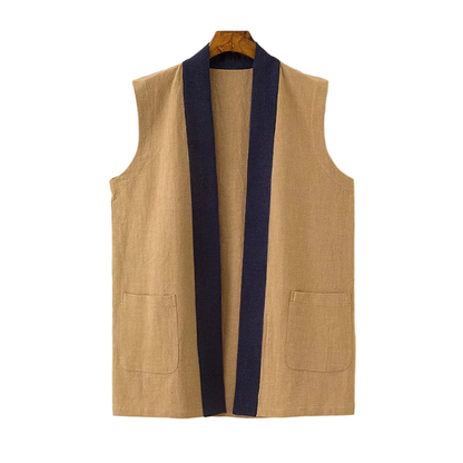 Khaki Parallel Collar Hanfu Vest with Navy Blue