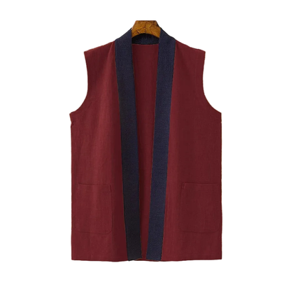 Wine Red Parallel Collar Hanfu Vest with Navy Collar